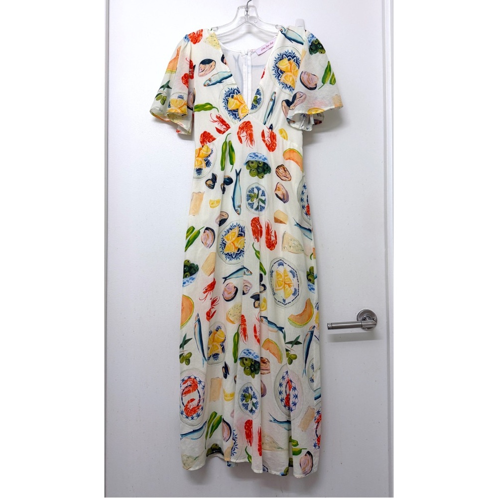 Lisa Says Gah Grace Food Print Midi Dress Tapas Ivory Lemon Olive Fruit XS - Picture 2 of 16